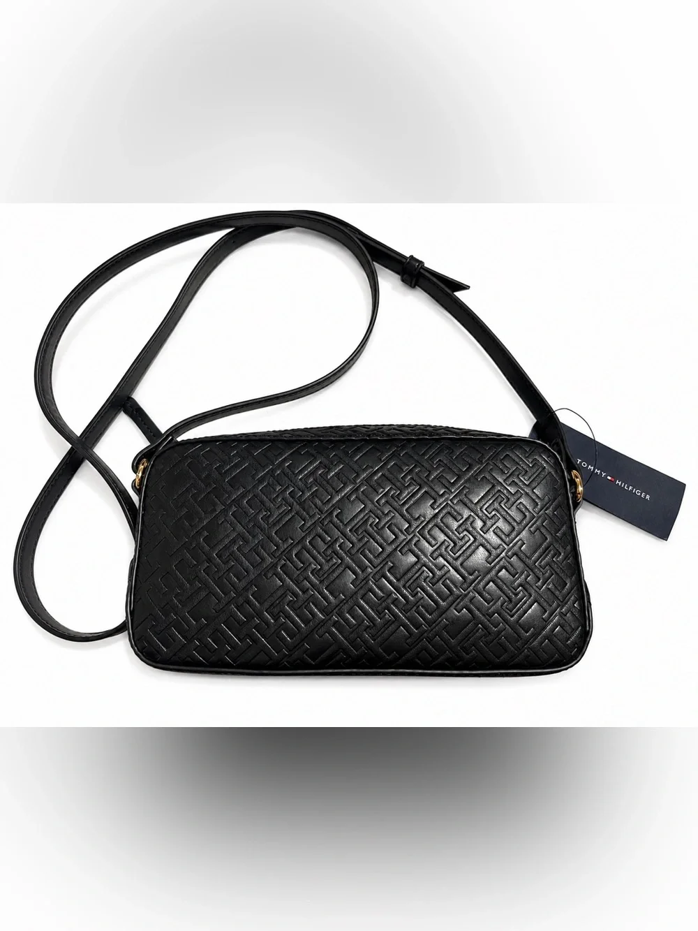 Tommy Hilfiger Black Quilted Logo Crossbody Bag with Gold Accent